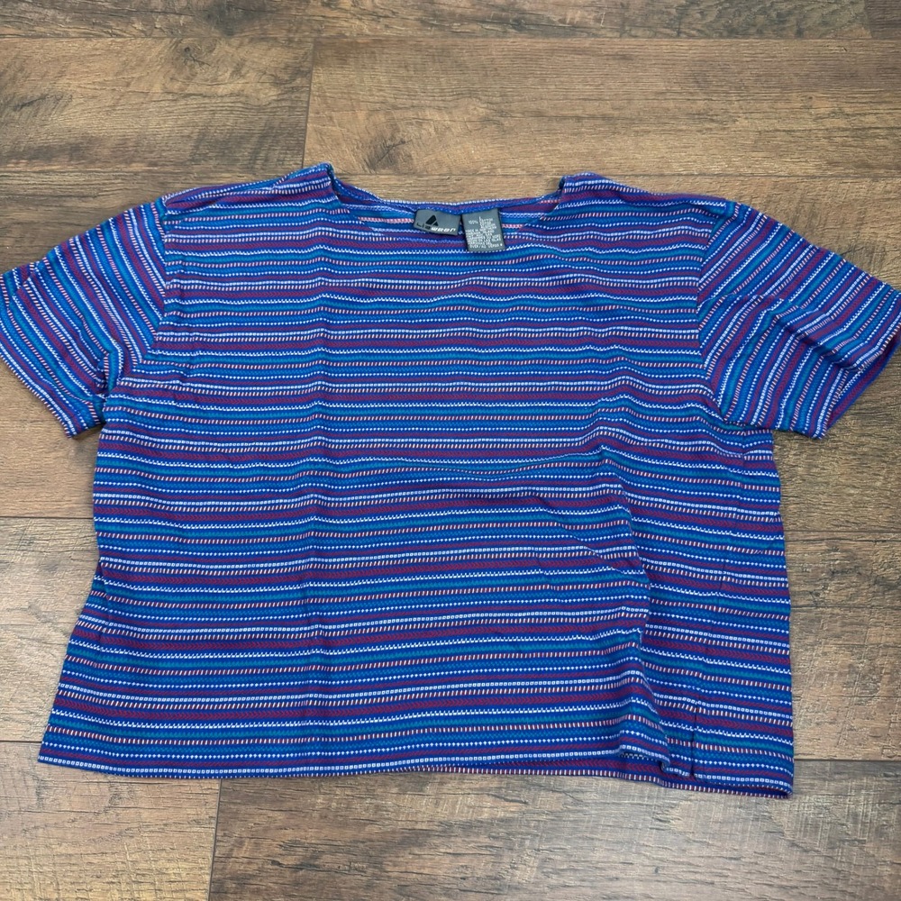 Vintage Lizwear Boxy Cropped T-Shirt Women's Large Blue Stripe